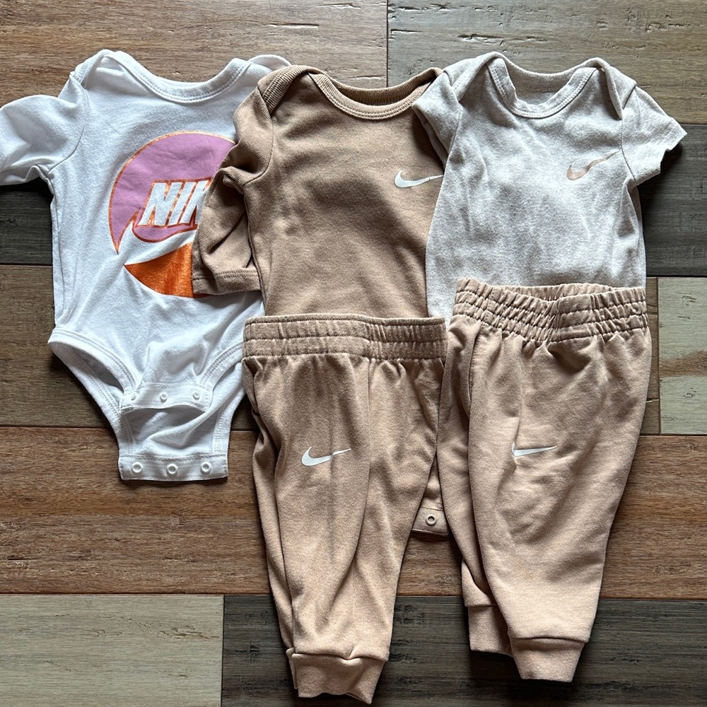 Nike Baby Bodysuit and Pants Set - White, Tan, and Cream